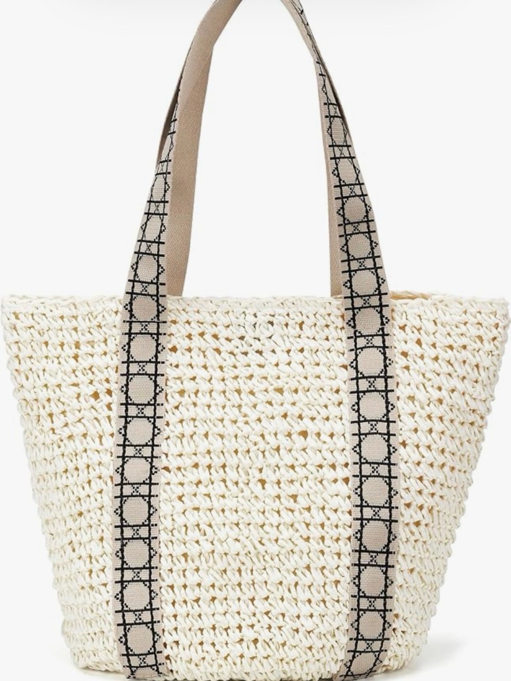 Cream Woven Tote with Patterned Shoulder Straps
